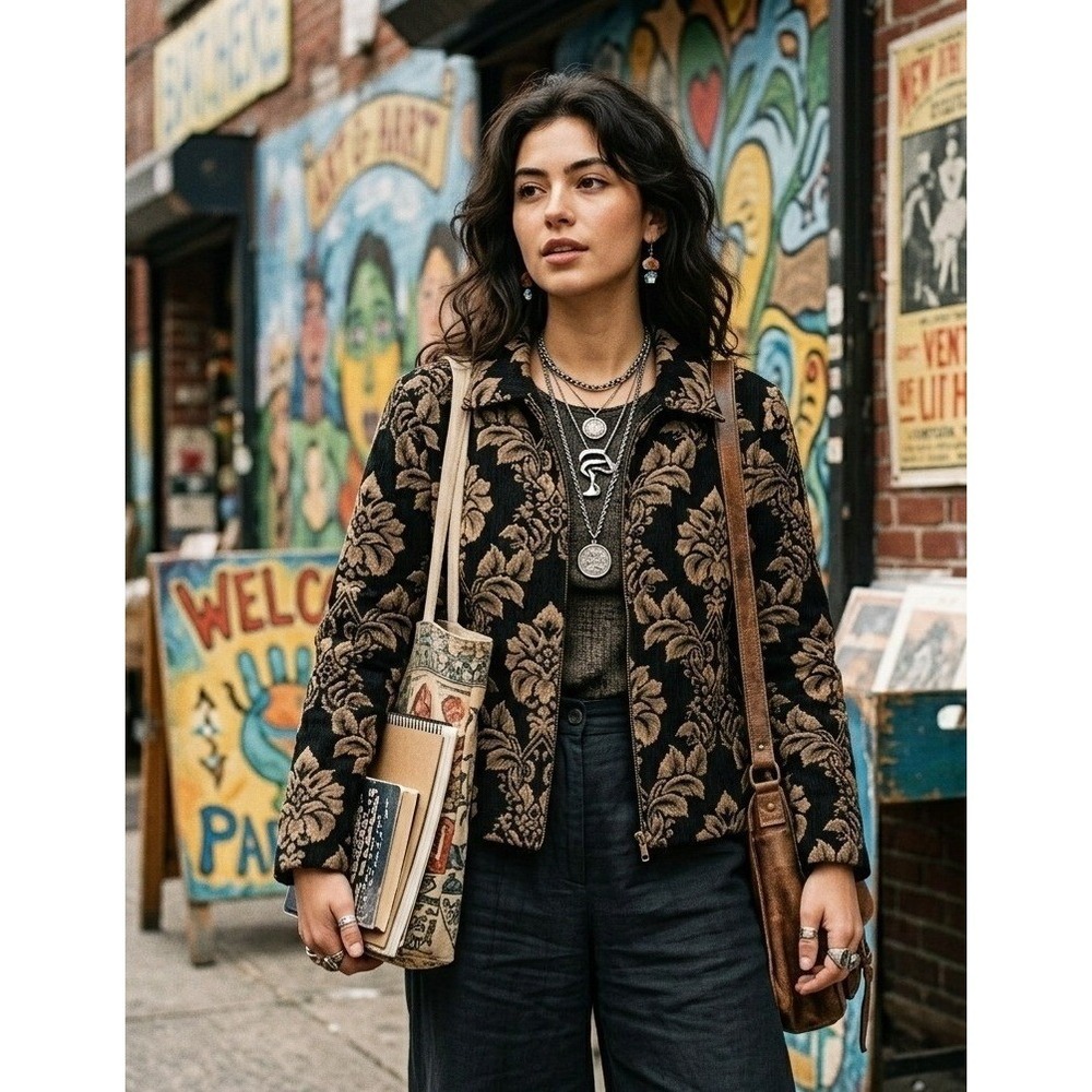 VTG First‎ Option Tapestry Jacket Women L Black Gold Damask Floral Zip Up Boho